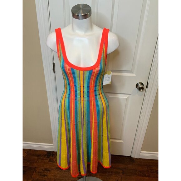 Kate Spade Rainbow Striped Semi-Sheer Fit & Flare Sleeveless Cover-Up Dress Sz S - Picture 1 of 5